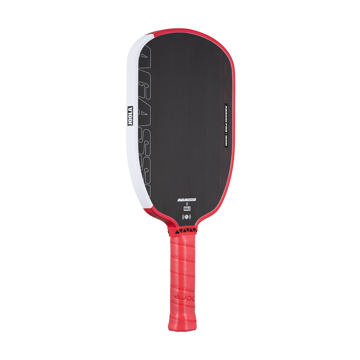 Product image of the JOOLA x Agassi Pro 16mm Pickleball Paddle with red handle, and red and white edge guard.