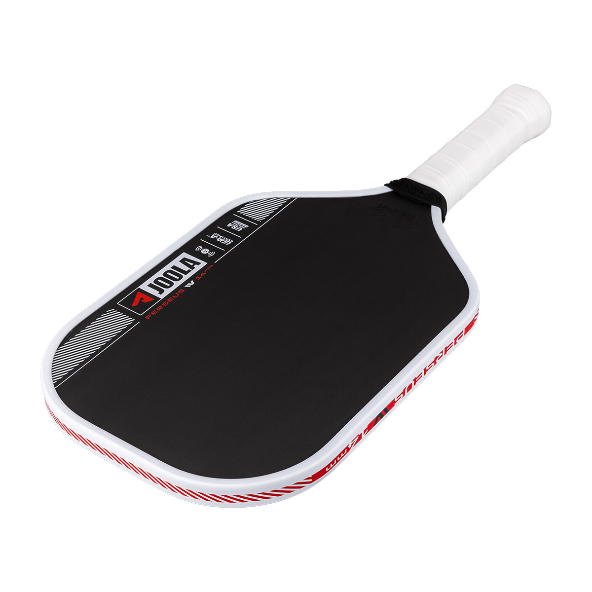 Product image of the JOOLA Ben Johns Perseus Pro IV 14mm Pickleball paddle. White handle, black surface, white edge guard.