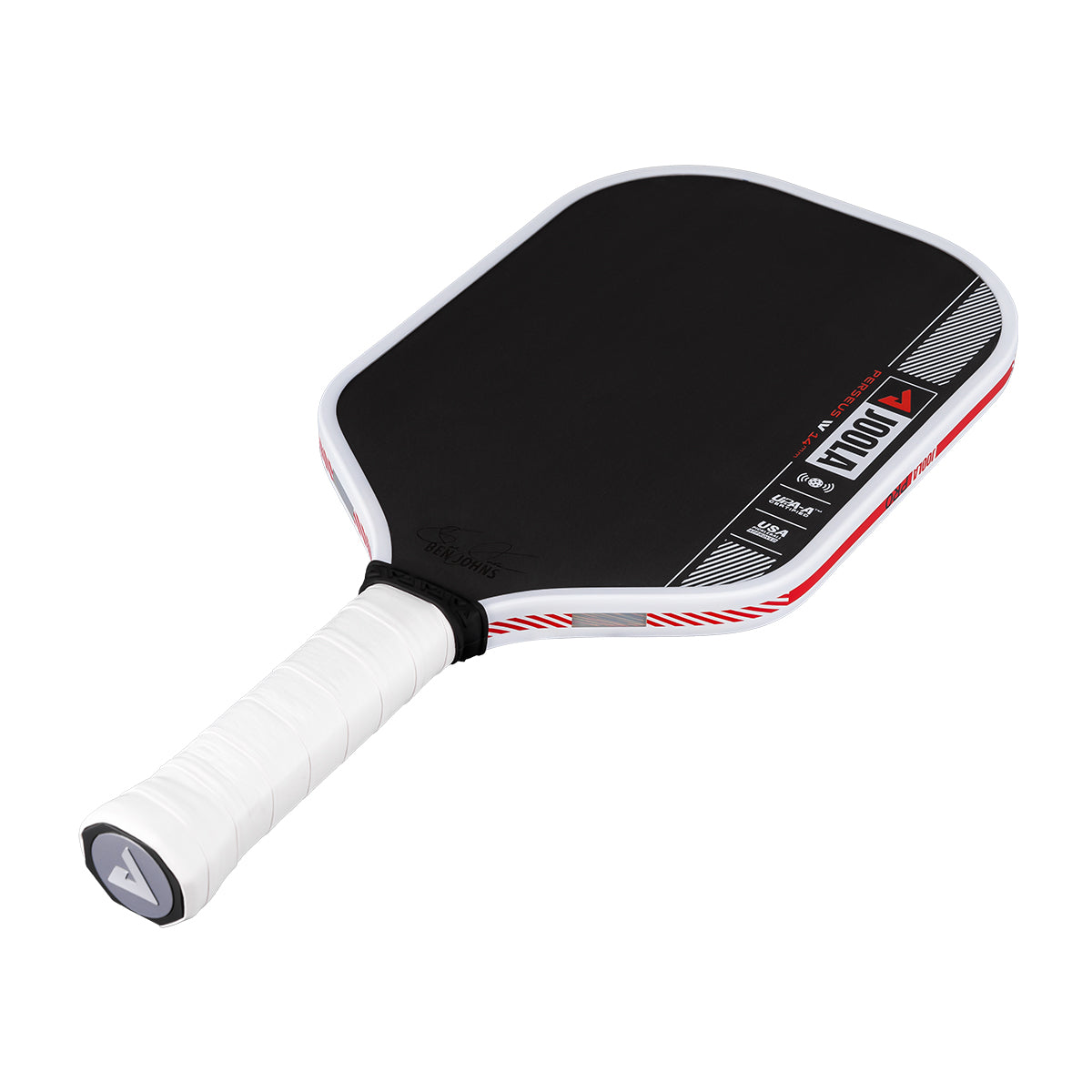 Product image of the JOOLA Ben Johns Perseus Pro IV 14mm Pickleball paddle. White handle, black surface, white edge guard.