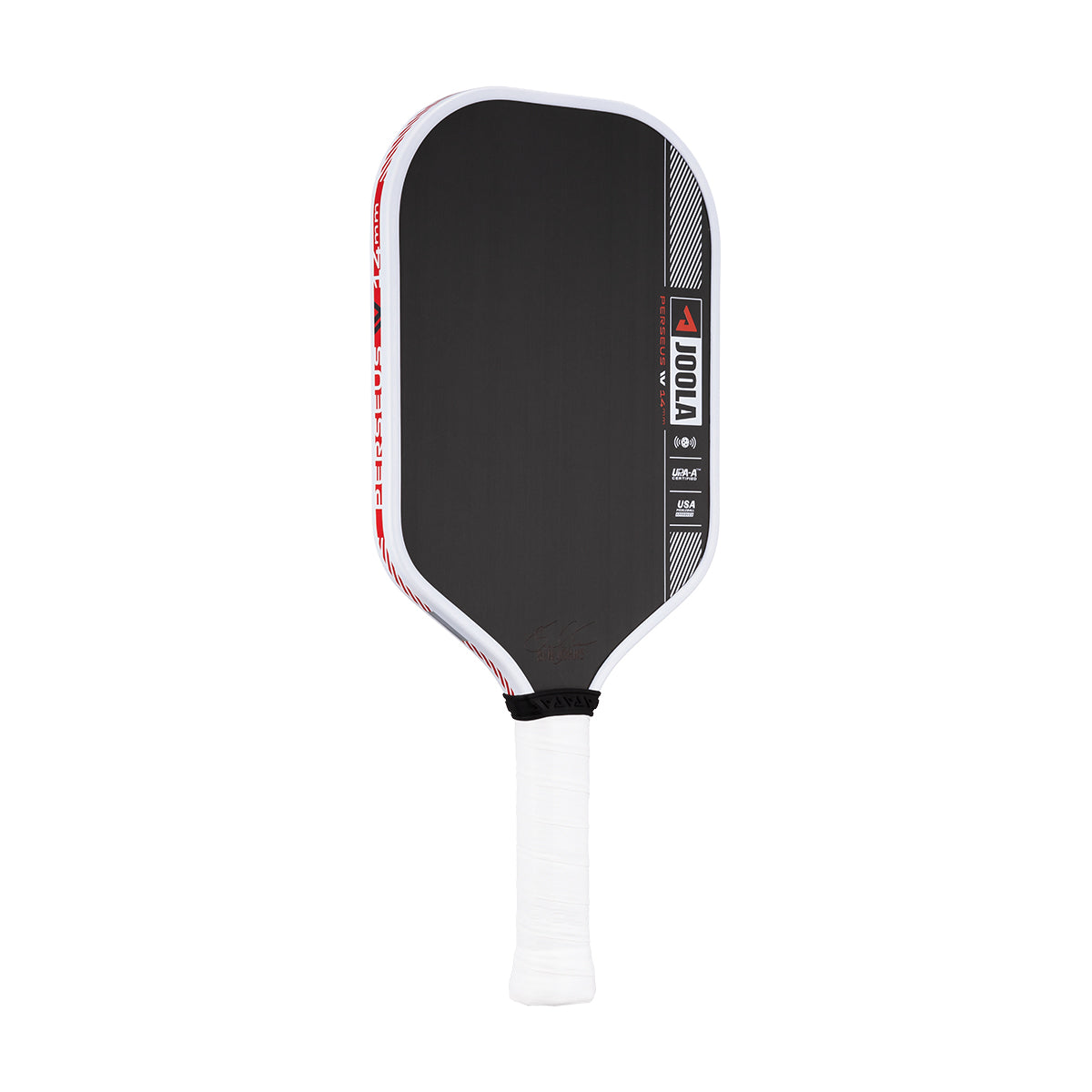 Product image of the JOOLA Ben Johns Perseus Pro IV 14mm Pickleball paddle. White handle, black surface, white edge guard.