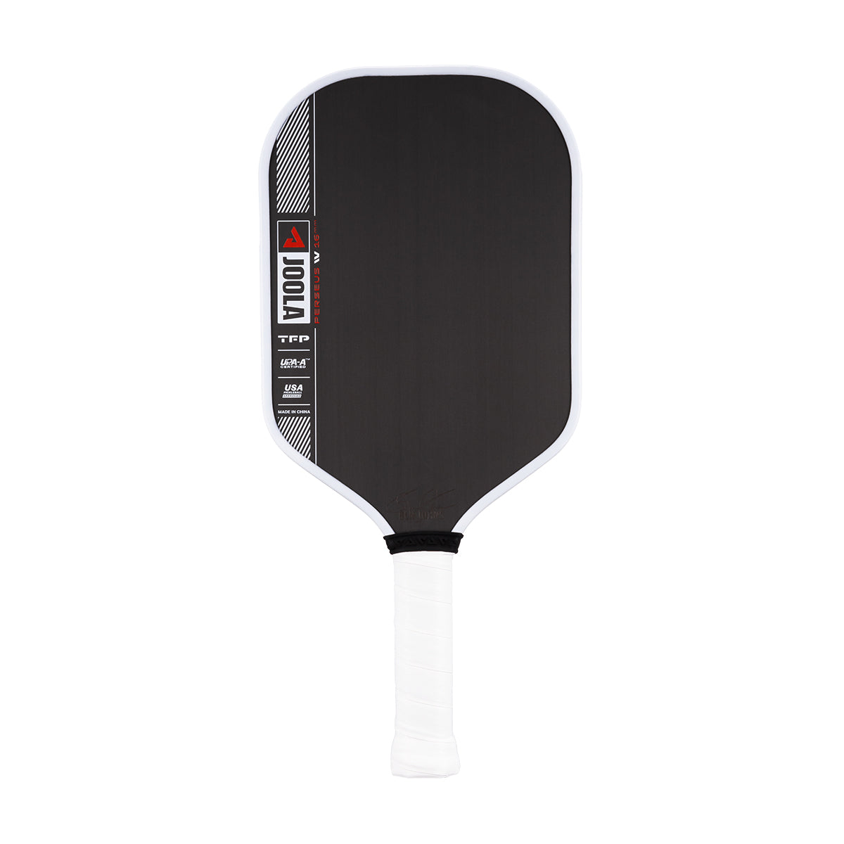 Product image of the JOOLA Ben Johns Perseus Pro IV 16mm Pickleball paddle. White handle, black surface, white edge guard.