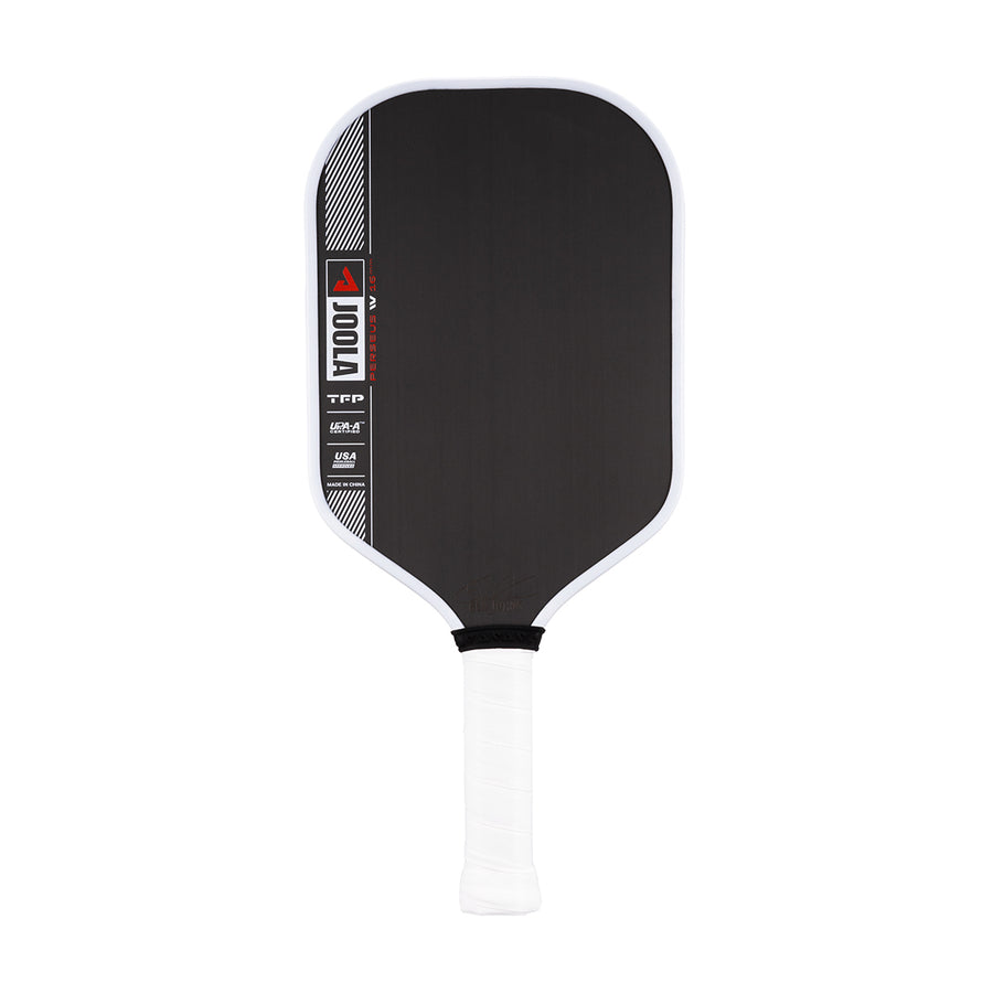 Product image of the JOOLA Ben Johns Perseus Pro IV 16mm Pickleball paddle. White handle, black surface, white edge guard.