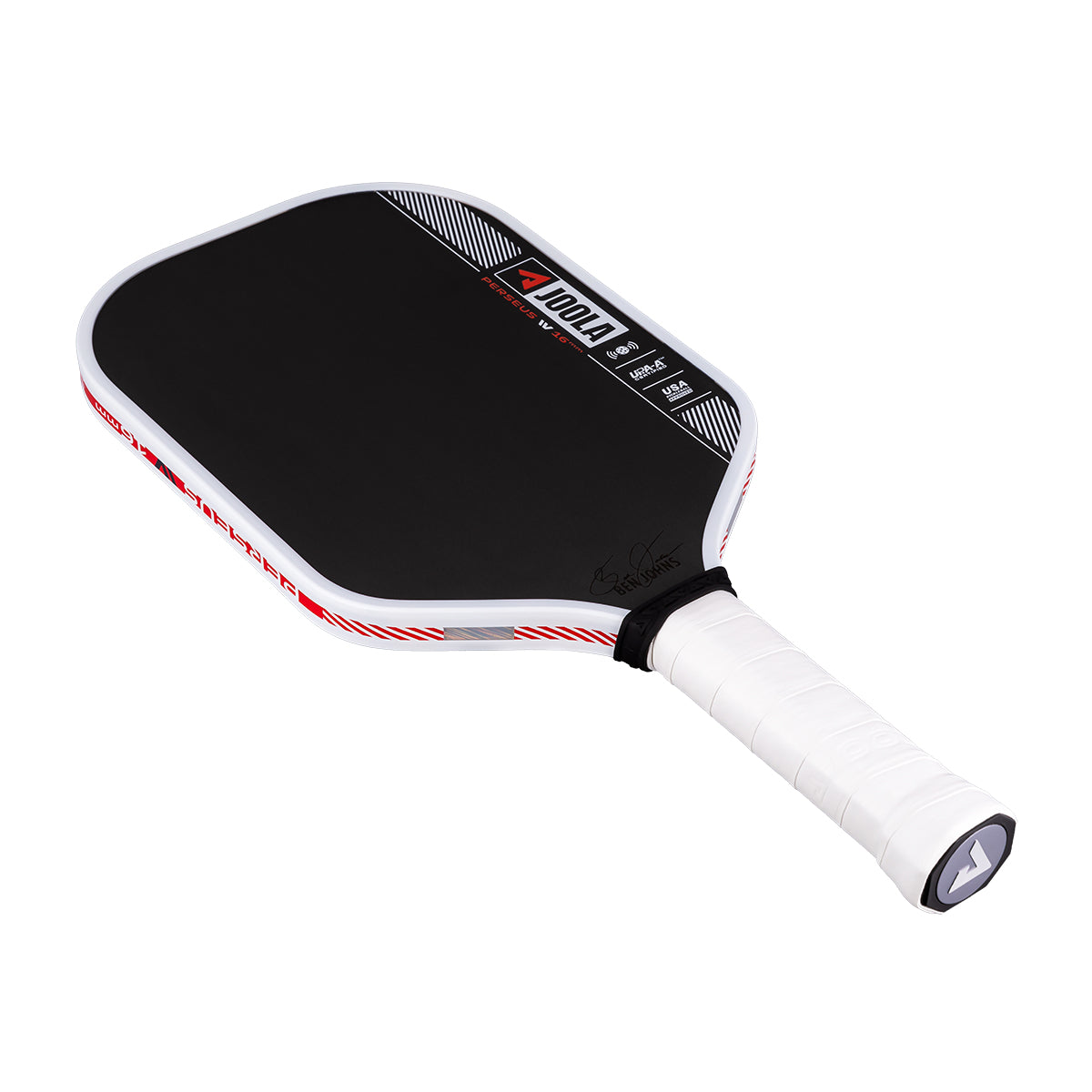 Product image of the JOOLA Ben Johns Perseus Pro IV 16mm Pickleball paddle. White handle, black surface, white edge guard.