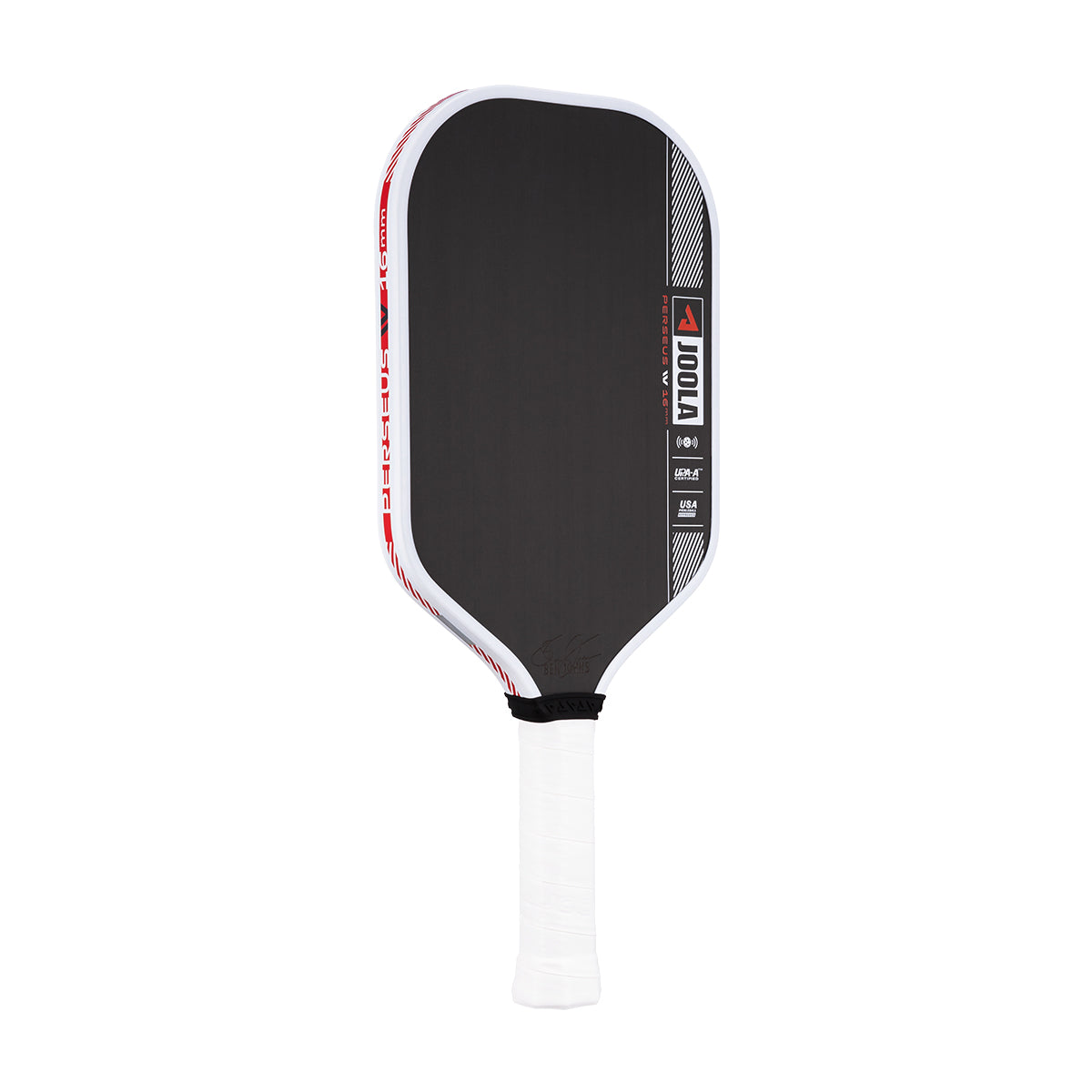 Product image of the JOOLA Ben Johns Perseus Pro IV 16mm Pickleball paddle. White handle, black surface, white edge guard.