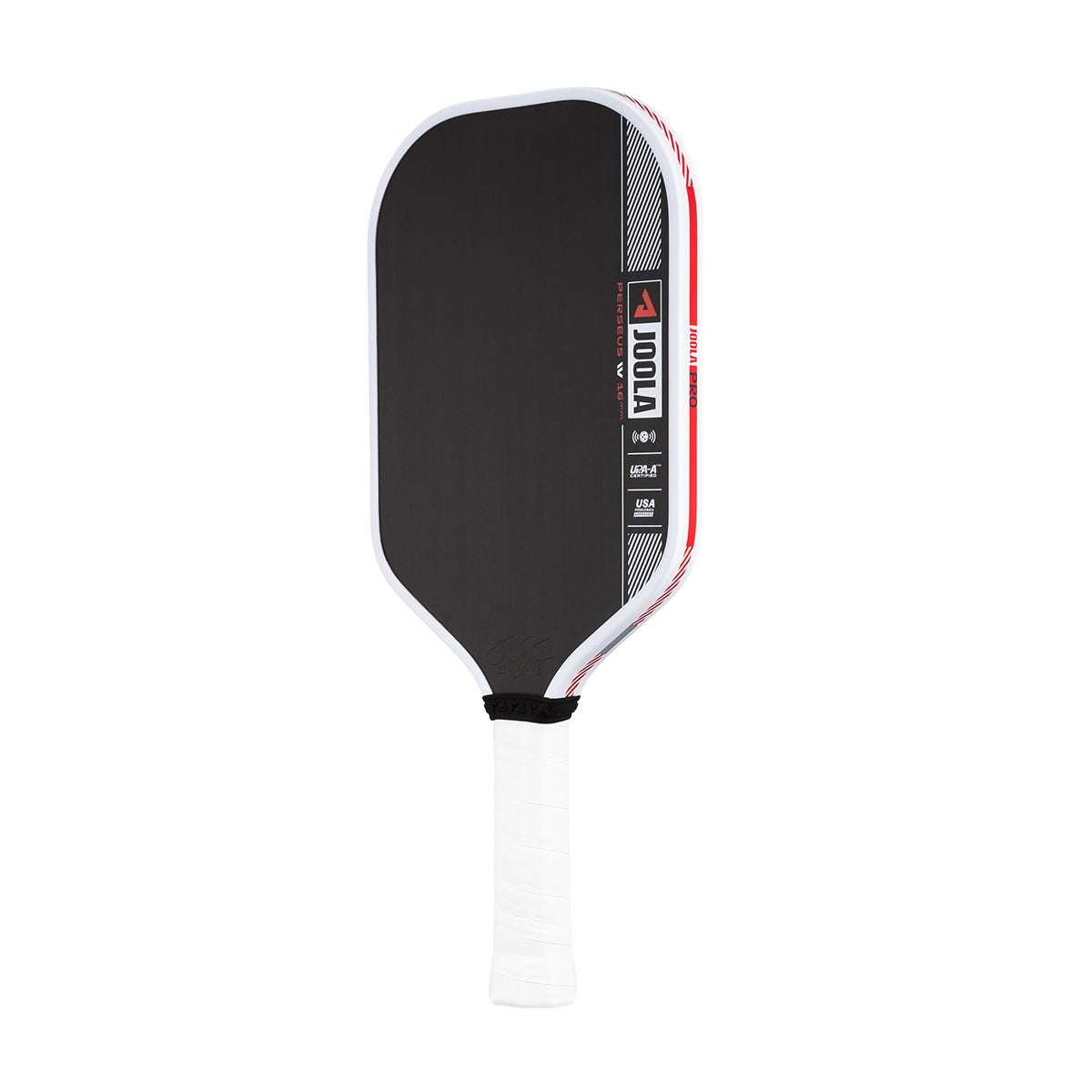 Product image of the JOOLA Ben Johns Perseus Pro IV 16mm Pickleball paddle. White handle, black surface, white edge guard.