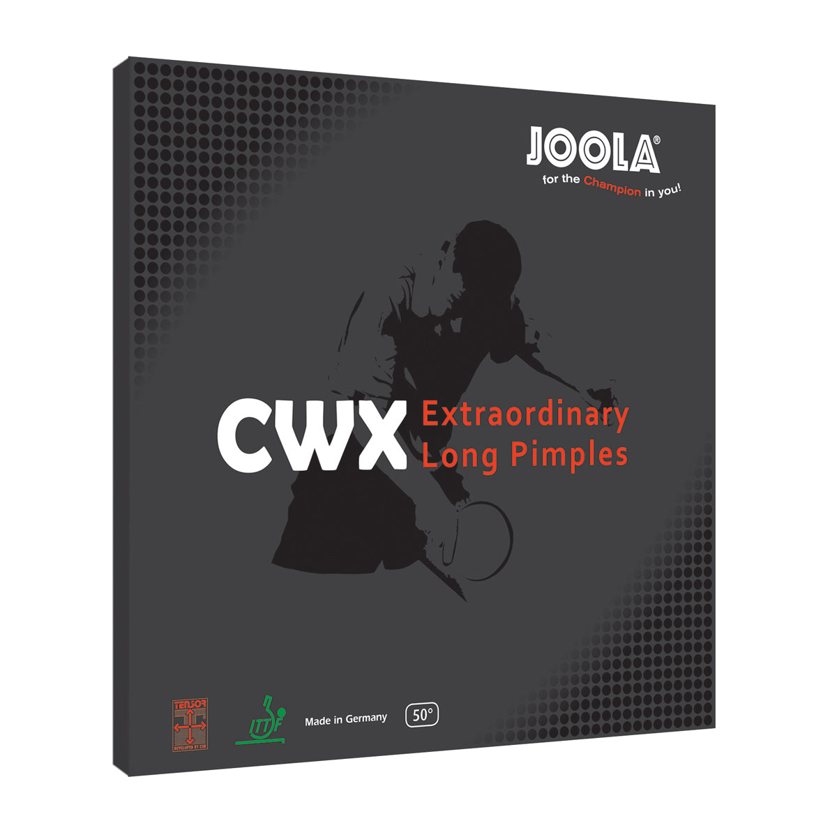 Side profile of JOOLA CWX Long-Pips table tennis rubber showing long pips structure – ideal for advanced defensive players