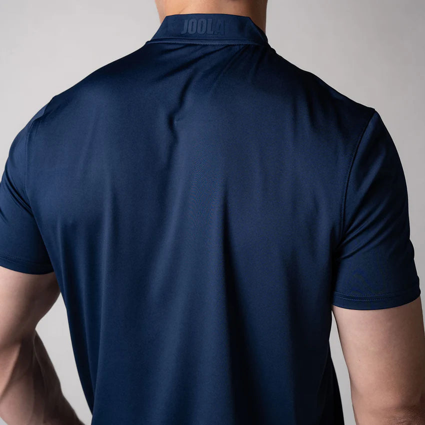 Joola Men's Court Polo in navy heather – Back view, lightweight performance polo for tennis, pickleball, and outdoor sports