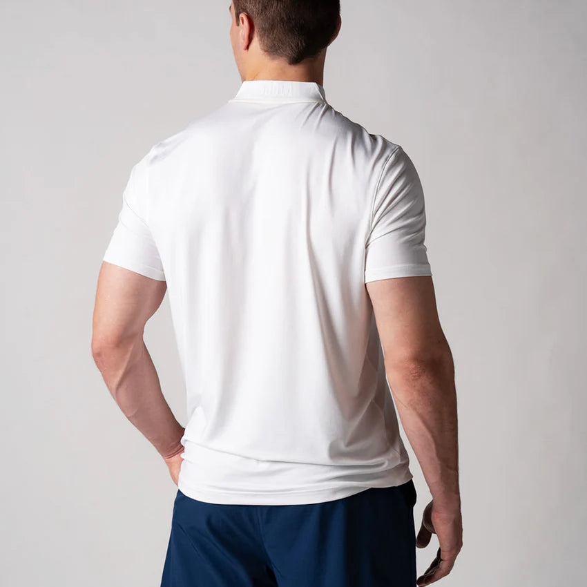 Joola Men's Court Polo in white – Back view, professional athletic polo for pickleball, tennis, golf, and training sessions