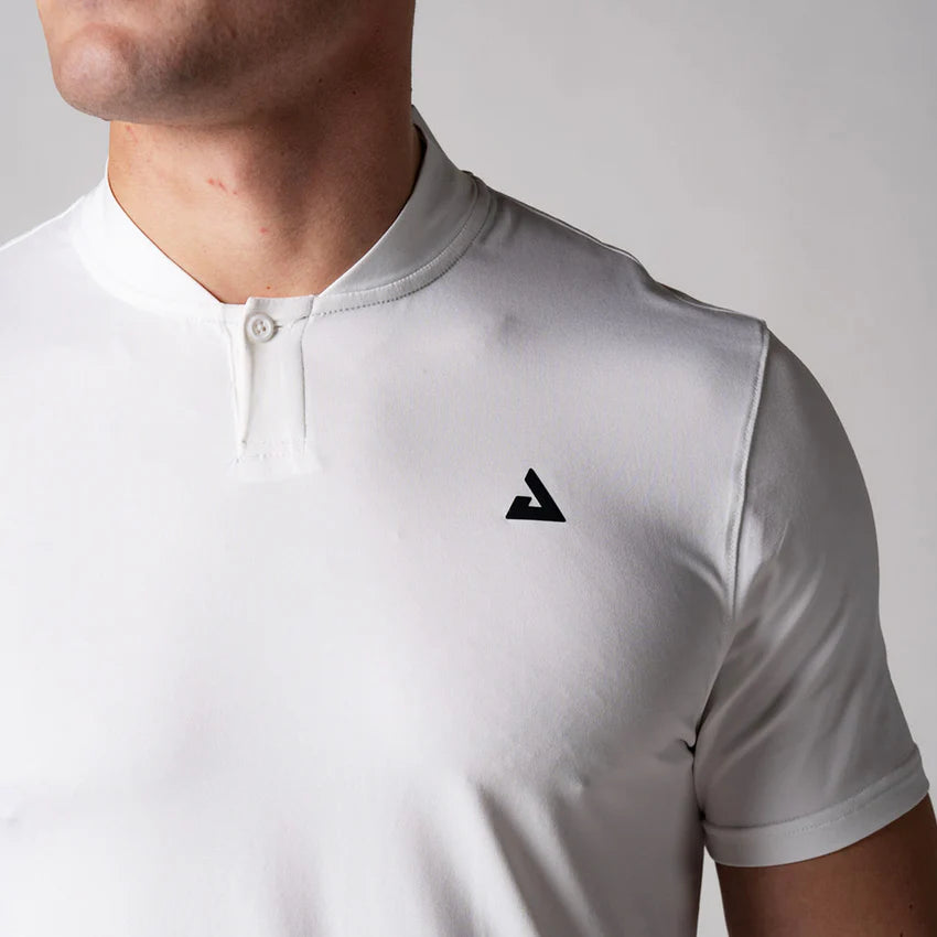 Joola Men's Court Polo in white – Close view, moisture-wicking sportswear polo, designed for performance and style