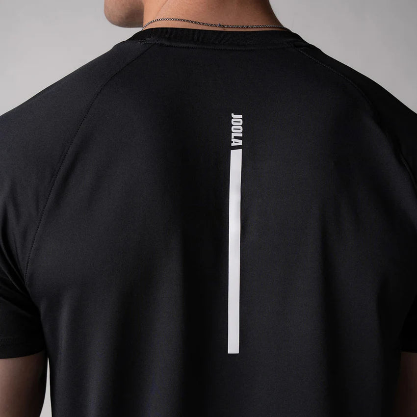 Joola Men's Court Short Sleeve in black – Side view, performance stretch tee with moisture control and mobility focus