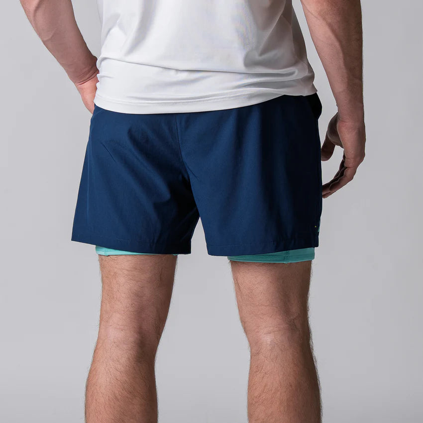 Joola Men's Woven 2-in-1 Shorts in navy – Back view, moisture-wicking fabric shorts with performance fit for running, gym, and sports training