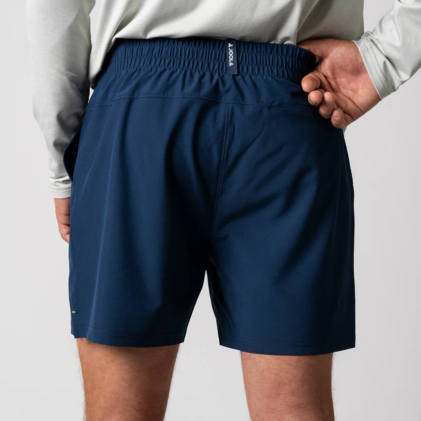 Joola Men's Woven Shorts (5") Navy – Back View | Comfortable workout shorts with superior stretch and flexibility