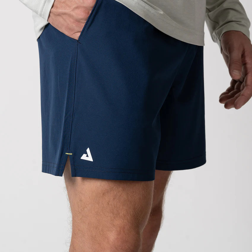 Joola Men's Woven Shorts (5") Navy – Side View | Performance-oriented sports shorts for training and casual use