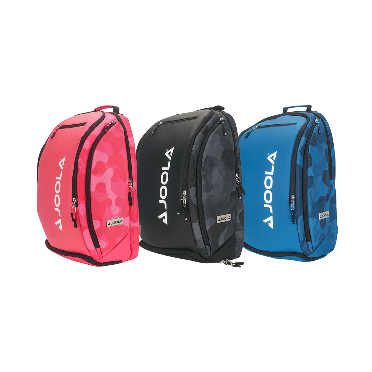 View of the JOOLA Vision II Deluxe Backpack in Black, Blue and Pink variants - Stylish pikcleball Bags