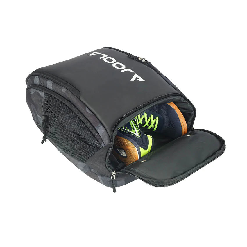 Open view of the JOOLA Vision II Deluxe Backpack in Black - Multiple compartments for storage