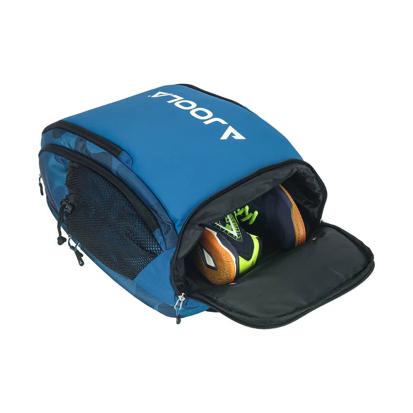 Open view of the JOOLA Vision II Deluxe Backpack in Blue - Organized storage with multiple pockets