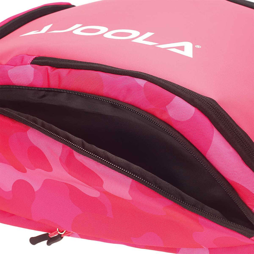 Closed view of the JOOLA Vision II Deluxe Backpack in Pink - Durable and stylish design