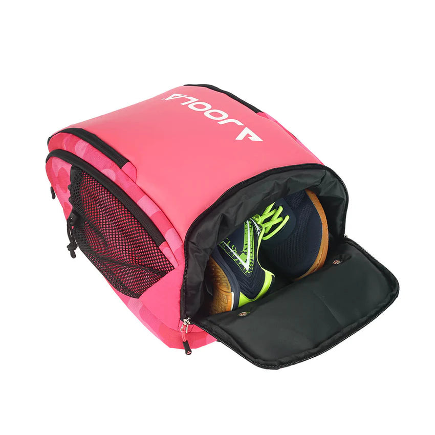 Open view of the JOOLA Vision II Deluxe Backpack in Pink - Spacious compartments for essentials
