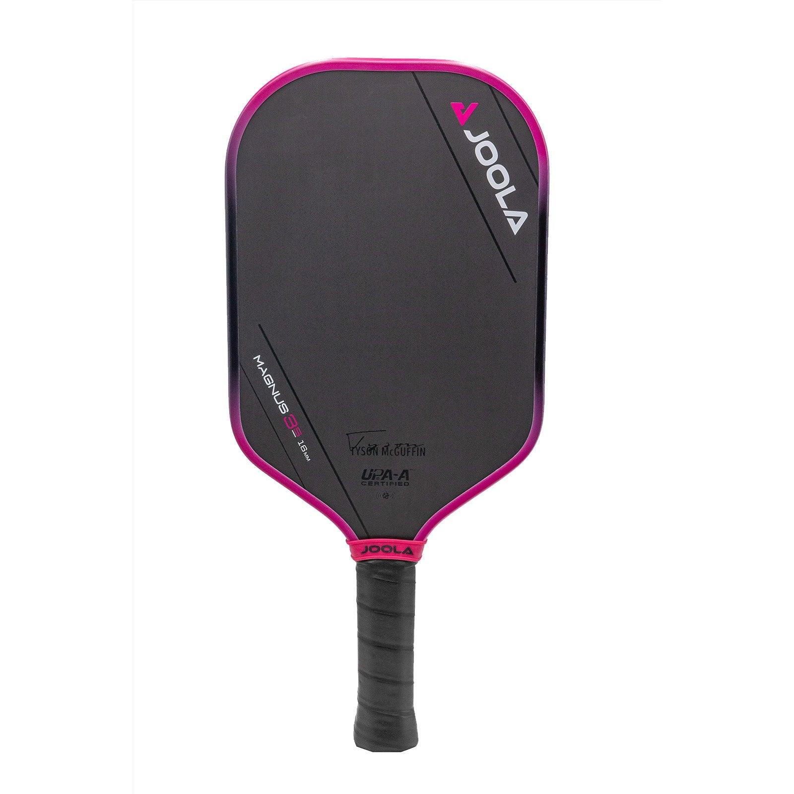 White background, product image of the JOOLA Tyson McGuffin Magnus 3S Pickleball Paddle. Black handle, black paddle face with black and pink on the edge guard.