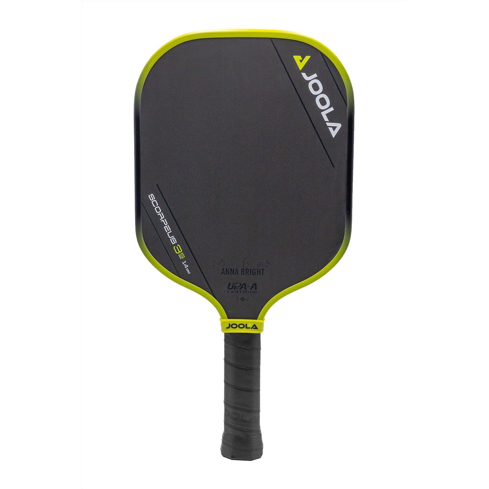 White background, product image of the JOOLA Anna Bright Scorpeus 3S pickleball paddle. Black handle, black paddle face with yellow and black edge guard.