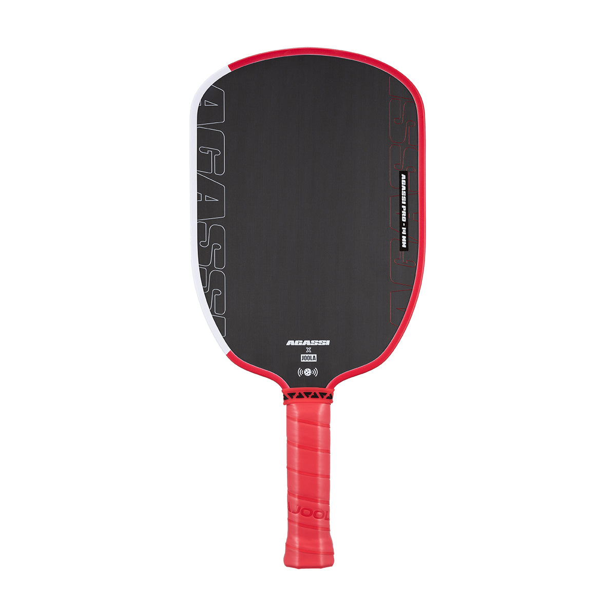 Product image of the JOOLA x Agassi Pro 14mm Pickleball Paddle with red handle, and red and white edge guard.