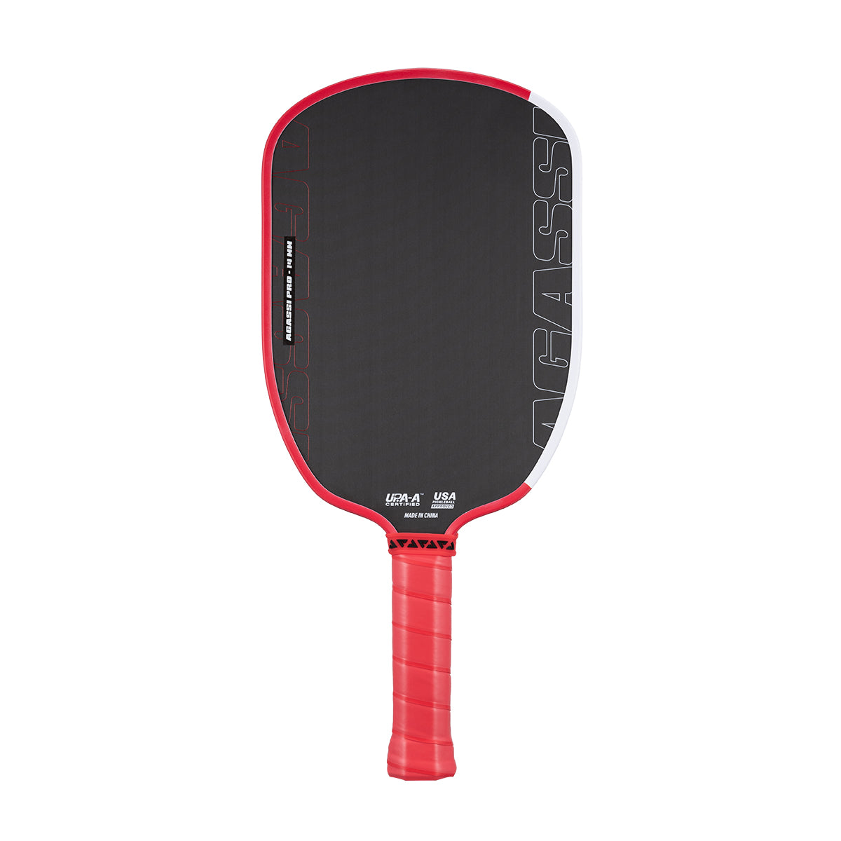 Product image of the JOOLA x Agassi Pro 14mm Pickleball Paddle with red handle, and red and white edge guard.