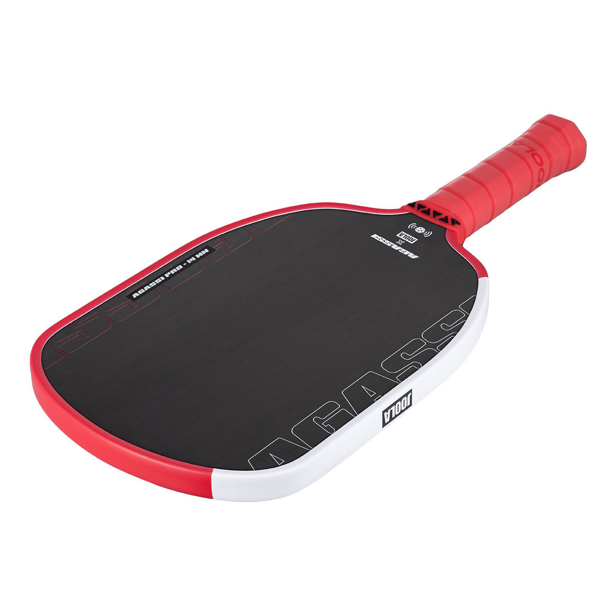 Product image of the JOOLA x Agassi Pro 14mm Pickleball Paddle with red handle, and red and white edge guard.