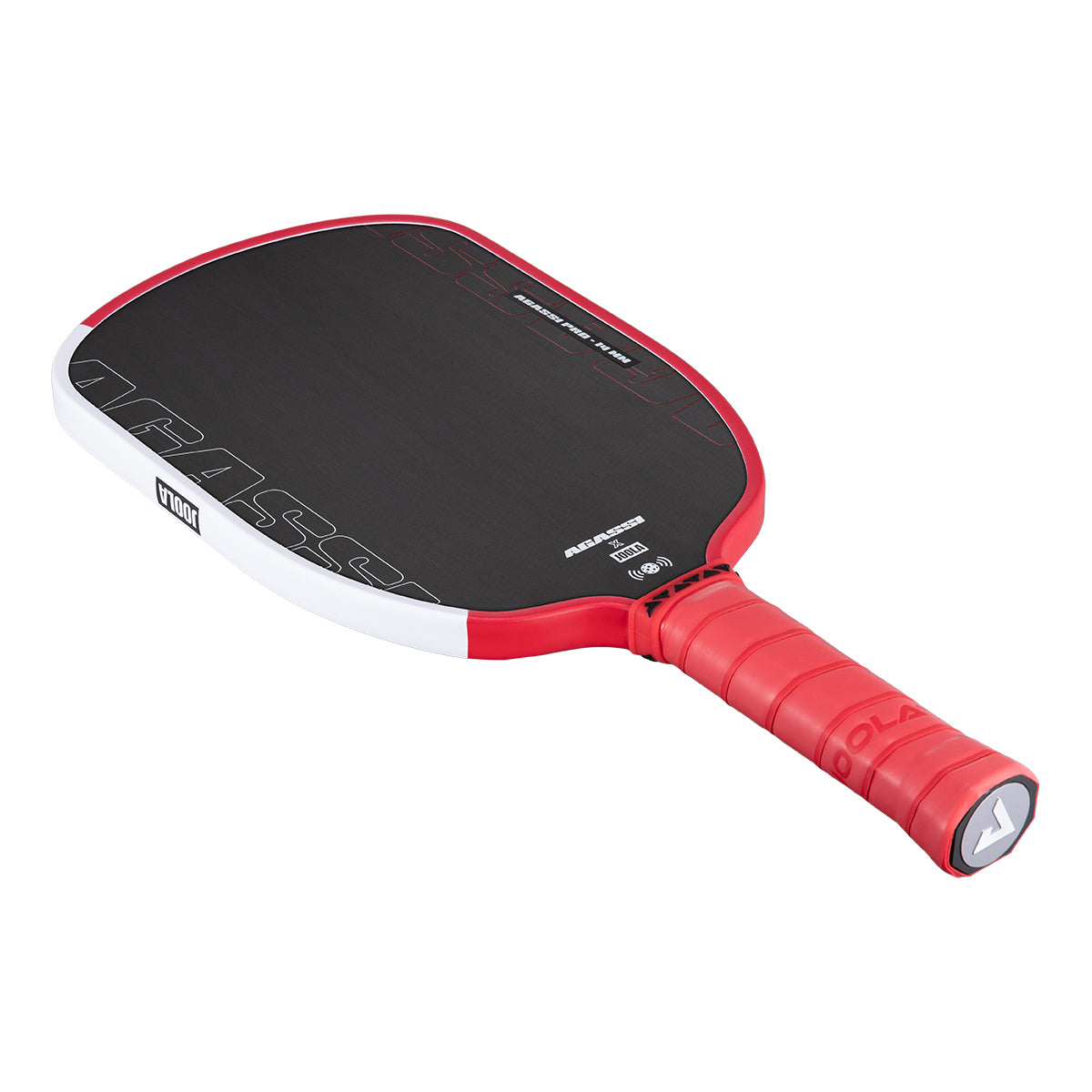 Product image of the JOOLA x Agassi Pro 14mm Pickleball Paddle with red handle, and red and white edge guard.