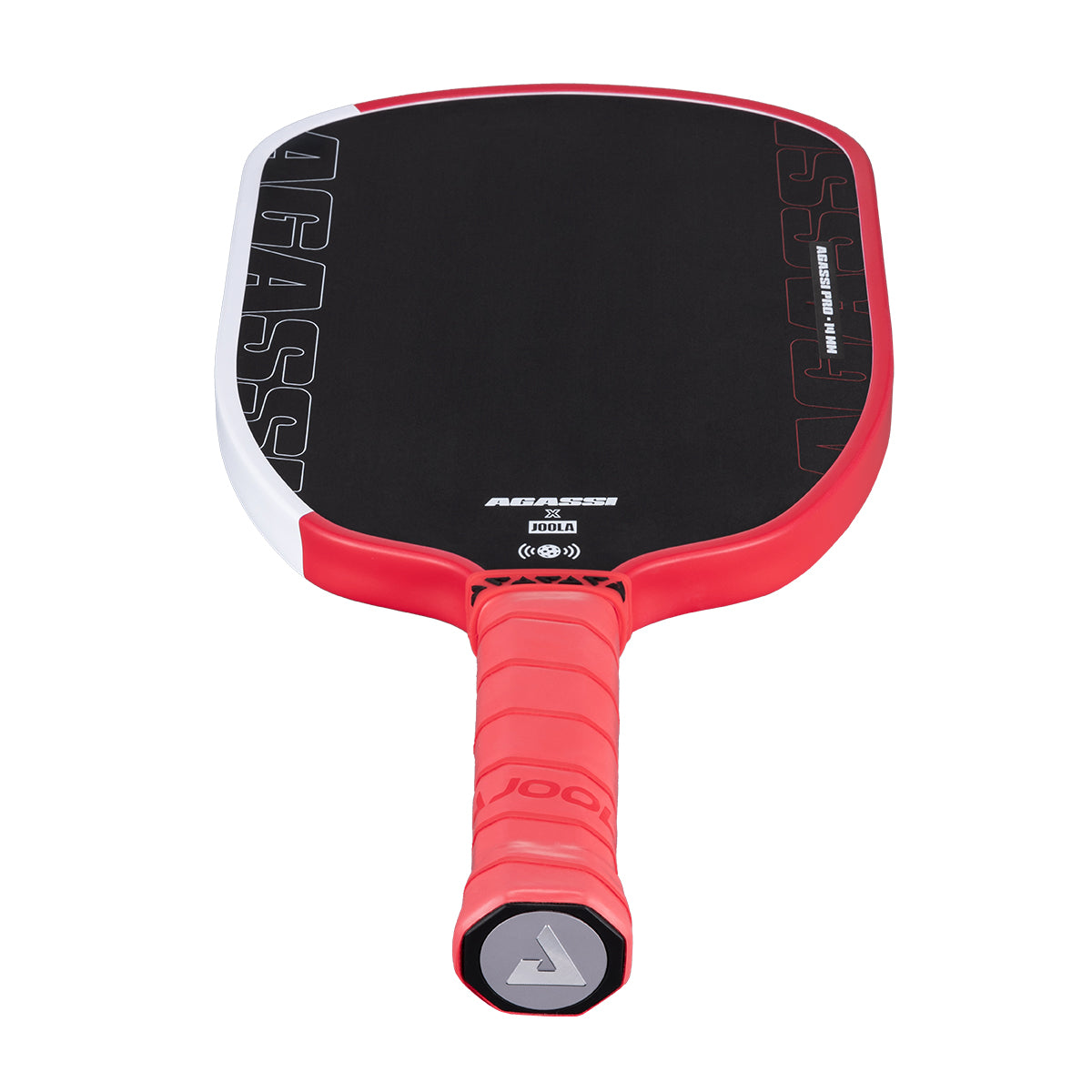 Product image of the JOOLA x Agassi Pro 14mm Pickleball Paddle with red handle, and red and white edge guard.