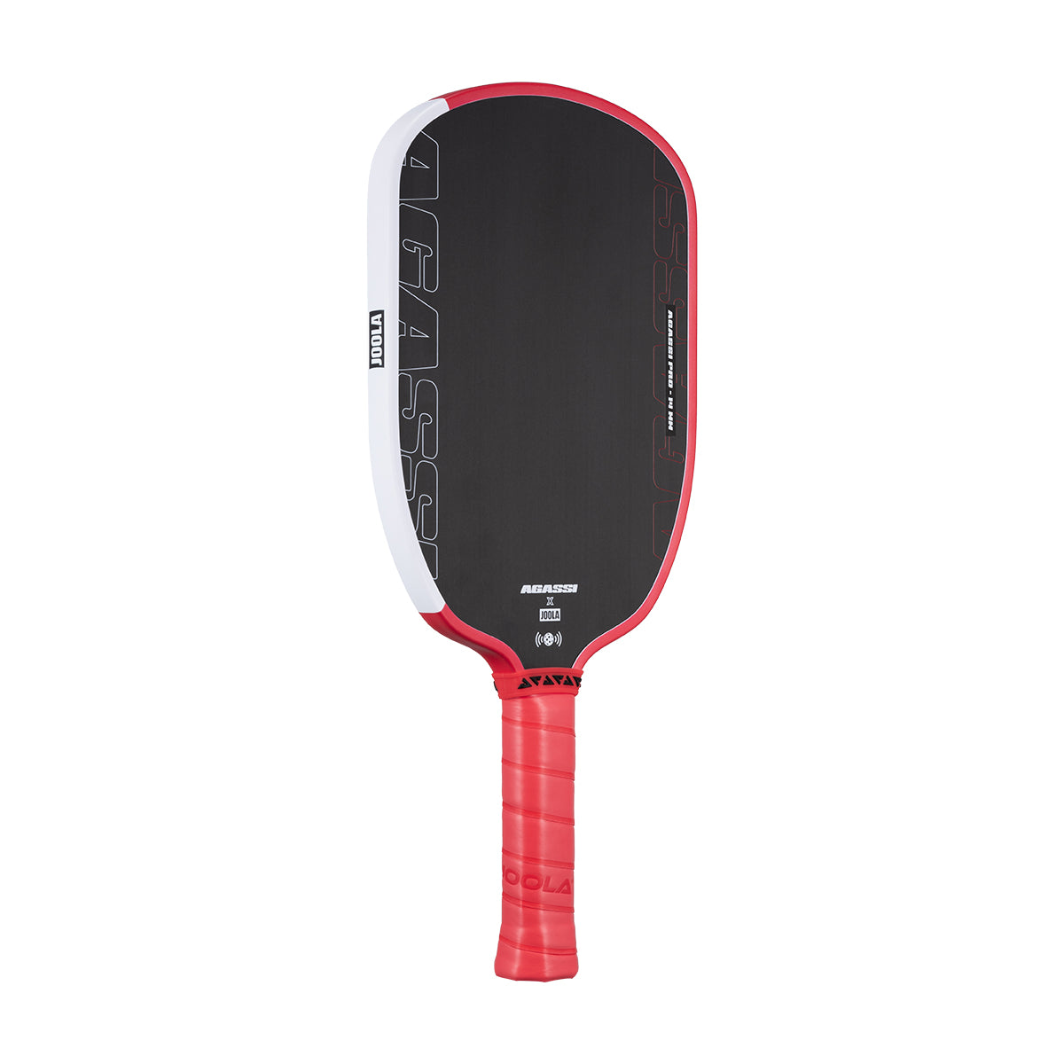 Product image of the JOOLA x Agassi Pro 14mm Pickleball Paddle with red handle, and red and white edge guard.