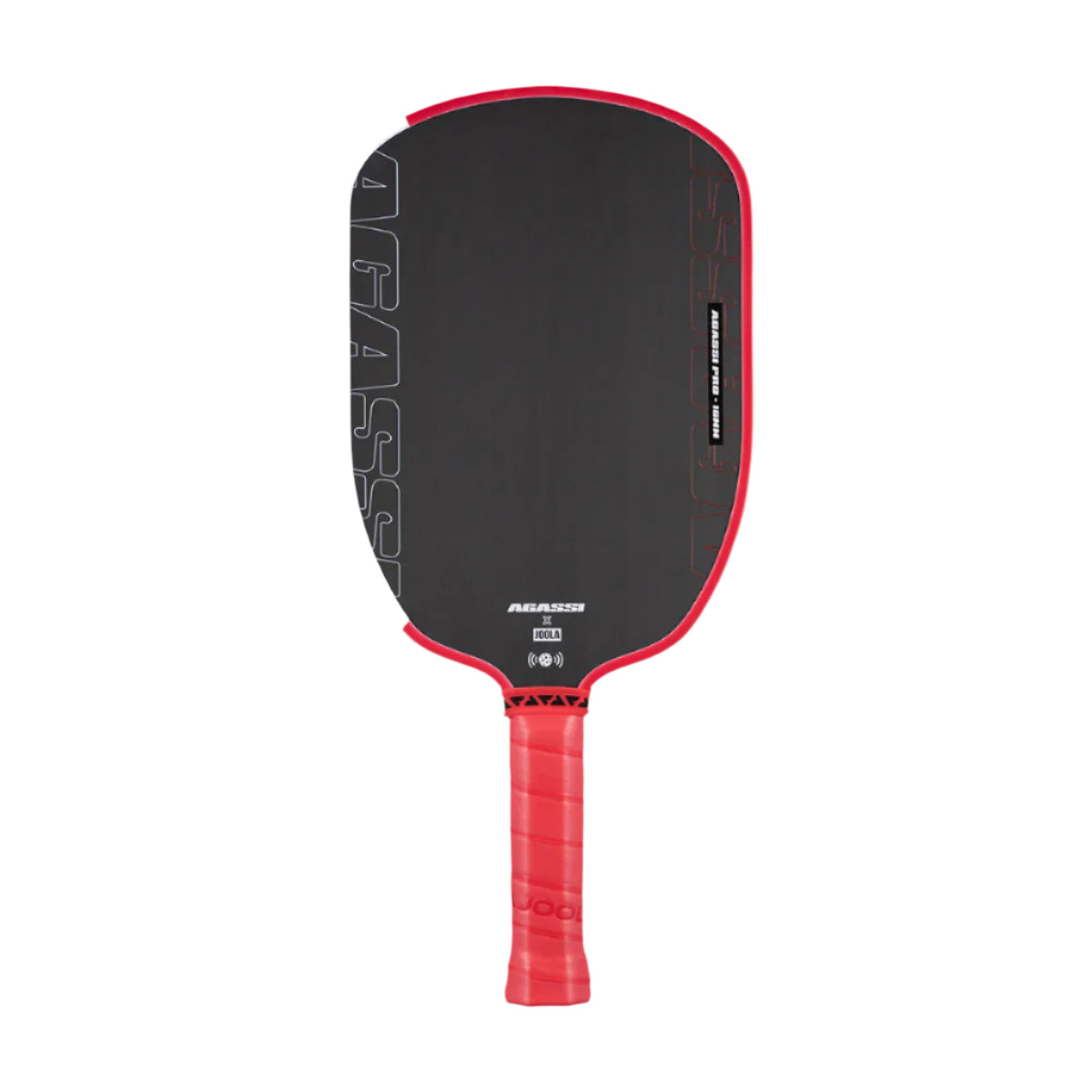 Product image of the JOOLA x Agassi Pro 16mm Pickleball Paddle with red handle, and red and white edge guard.