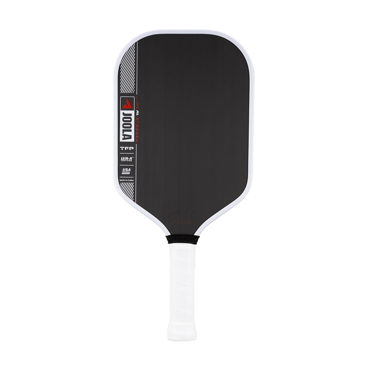 Product image of the JOOLA Ben Johns Perseus Pro IV 14mm Pickleball paddle. White handle, black surface, white edge guard.