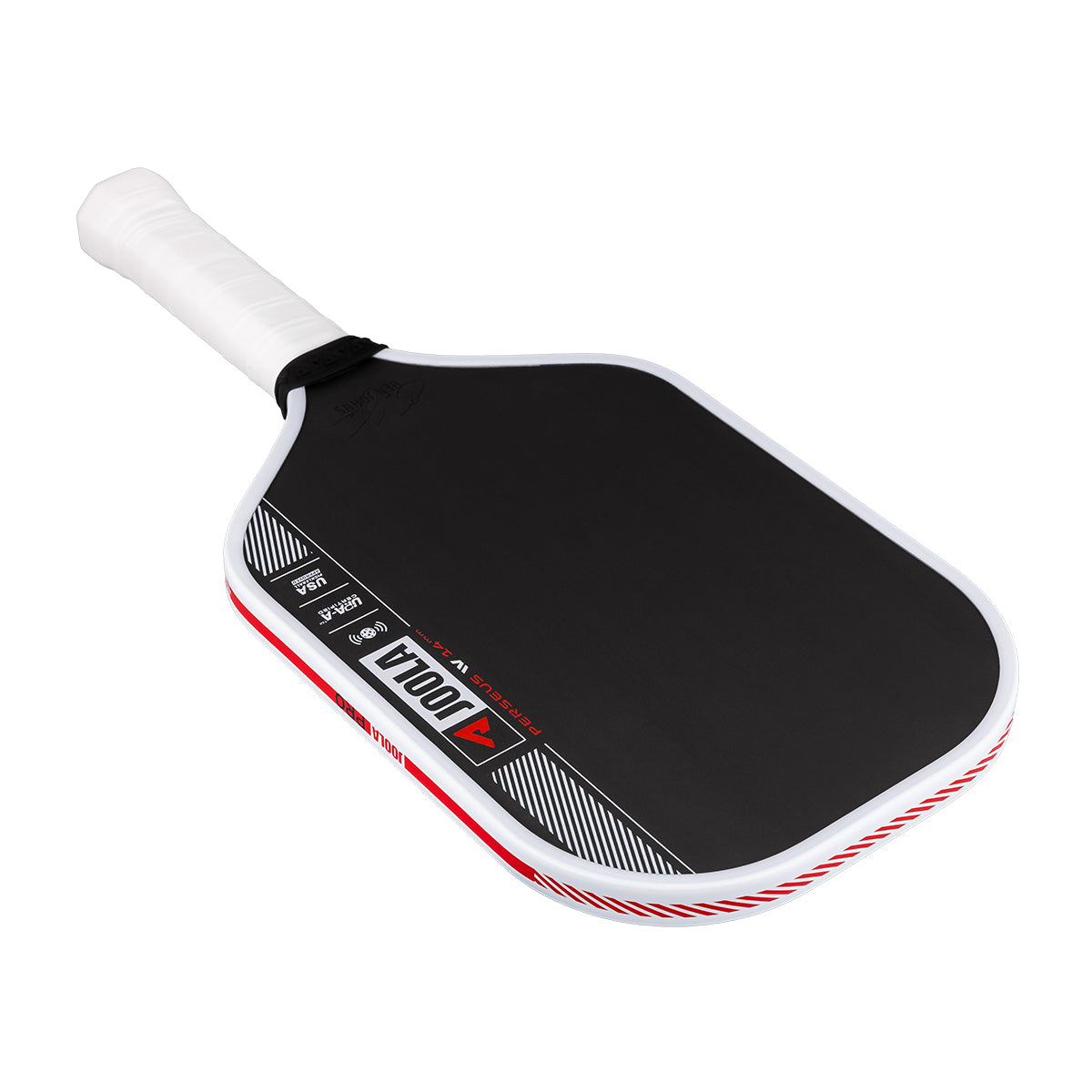 Product image of the JOOLA Ben Johns Perseus Pro IV 14mm Pickleball paddle. White handle, black surface, white edge guard.
