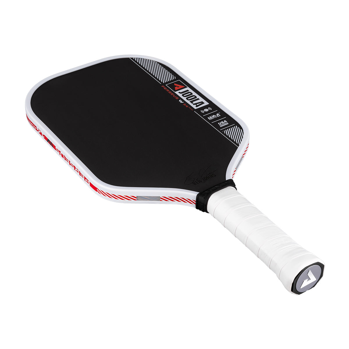 Product image of the JOOLA Ben Johns Perseus Pro IV 14mm Pickleball paddle. White handle, black surface, white edge guard.