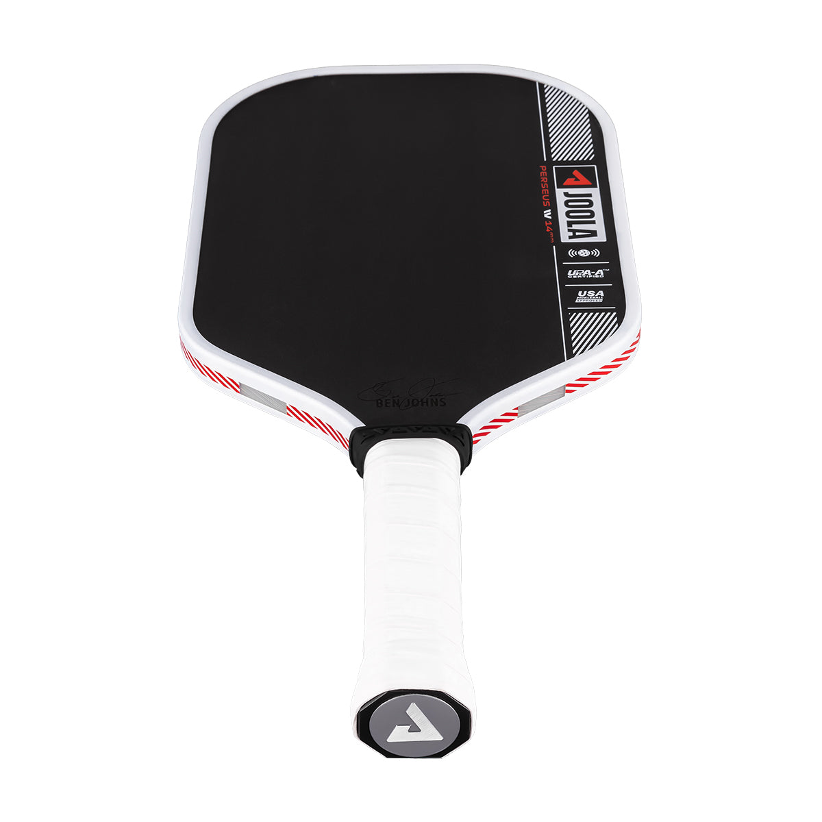 Product image of the JOOLA Ben Johns Perseus Pro IV 14mm Pickleball paddle. White handle, black surface, white edge guard.