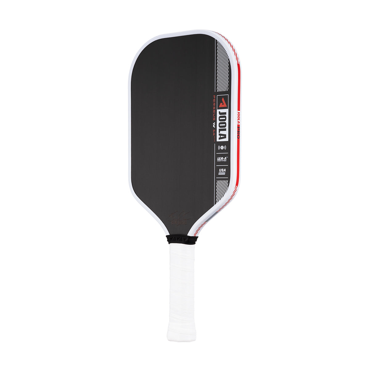 Product image of the JOOLA Ben Johns Perseus Pro IV 14mm Pickleball paddle. White handle, black surface, white edge guard.