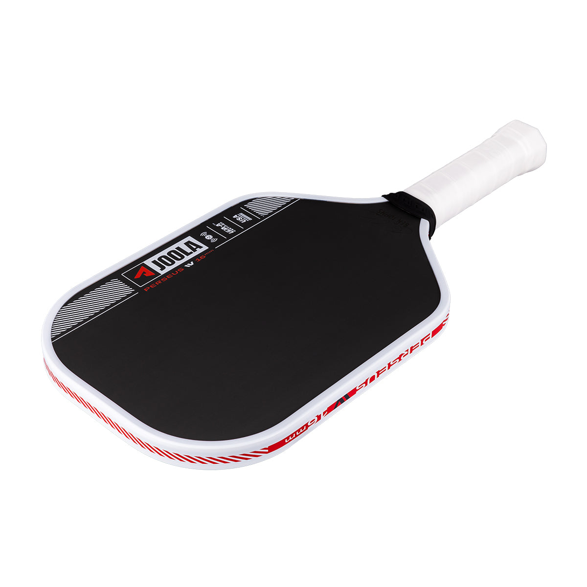 Product image of the JOOLA Ben Johns Perseus Pro IV 16mm Pickleball paddle. White handle, black surface, white edge guard.