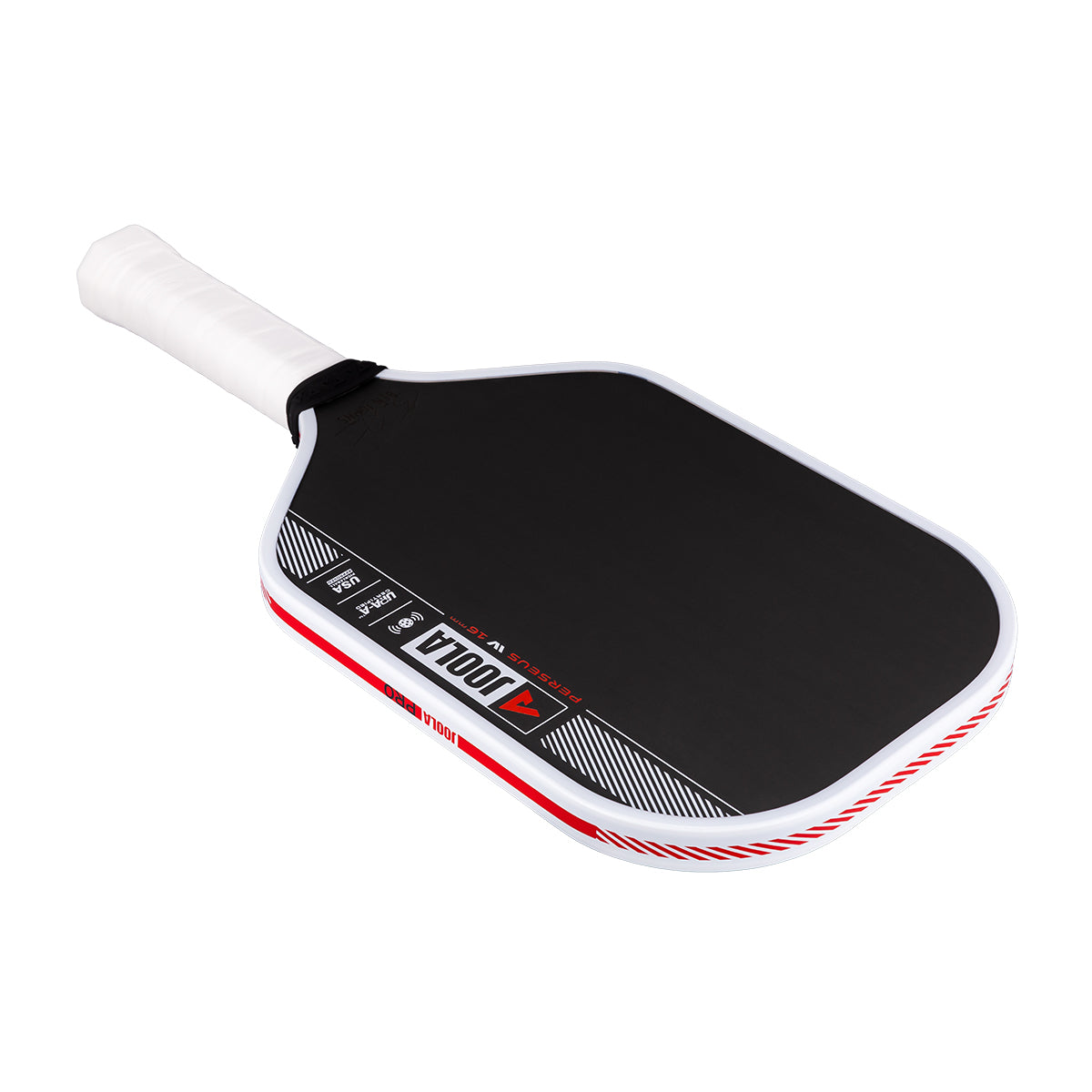 Product image of the JOOLA Ben Johns Perseus Pro IV 16mm Pickleball paddle. White handle, black surface, white edge guard.