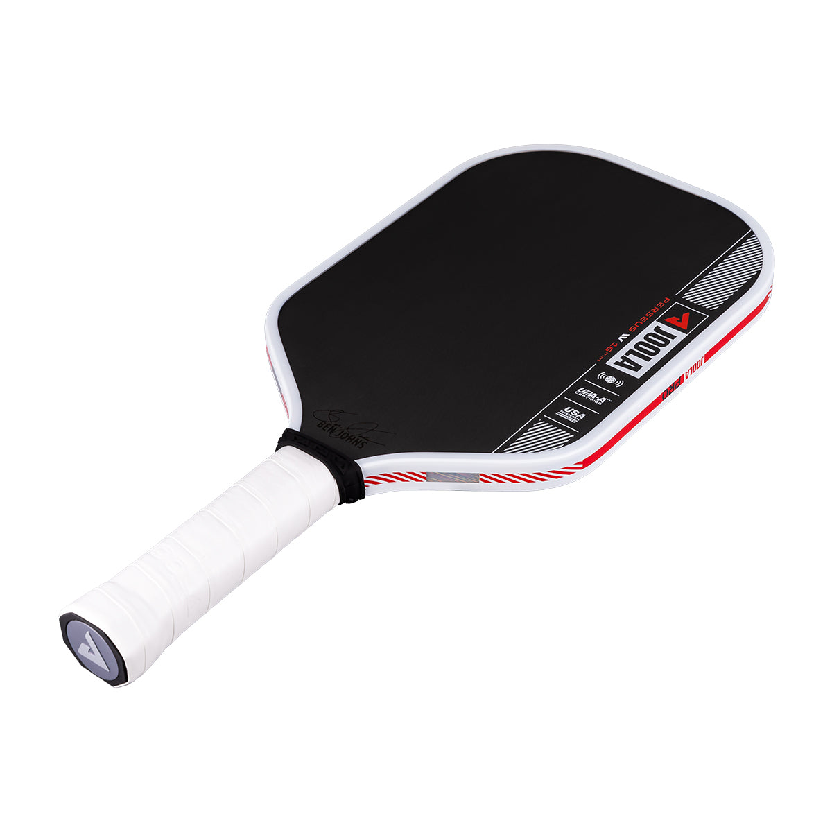 Product image of the JOOLA Ben Johns Perseus Pro IV 16mm Pickleball paddle. White handle, black surface, white edge guard.