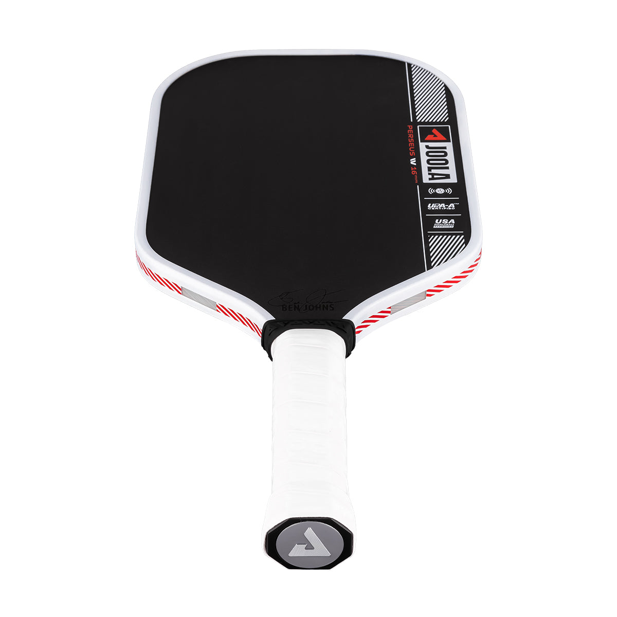 Product image of the JOOLA Ben Johns Perseus Pro IV 16mm Pickleball paddle. White handle, black surface, white edge guard.