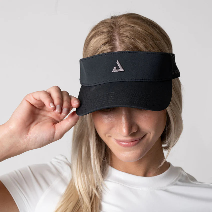 Player view of the JOOLA Essential Visor in Black - Adjustable strap for a comfortable fit