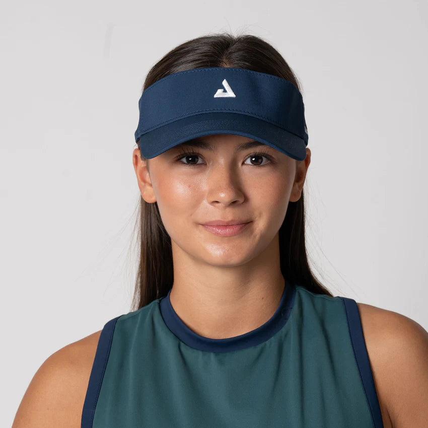 Player view of the JOOLA Essential Visor in Navy Blue - Adjustable strap for a secure and snug fit