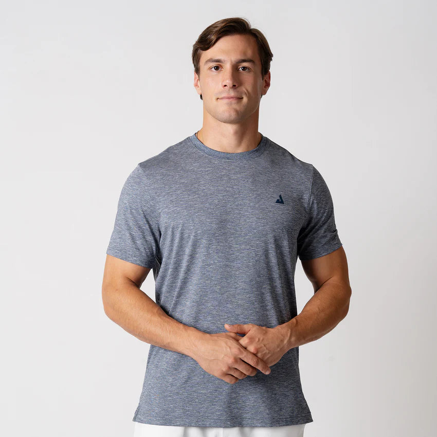 Joola Men's Club Short Sleeve in navy heather – Front view, moisture-wicking and breathable for active performance.
