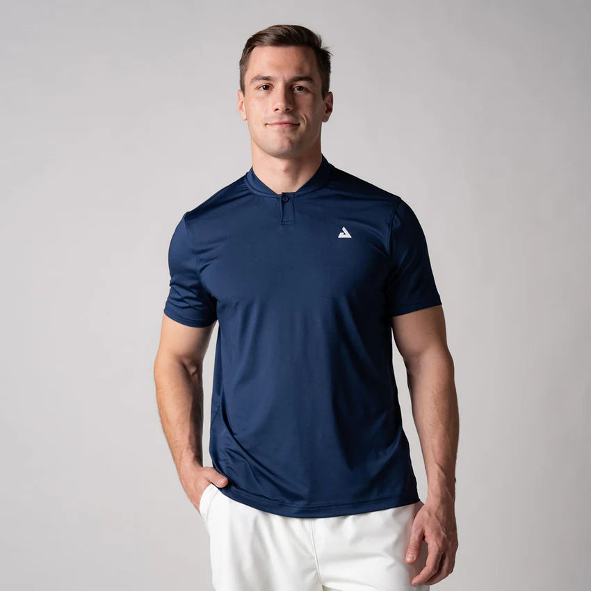 Joola Men's Court Polo in navy heather – Front view, breathable sports polo for men, moisture-wicking athletic polo for training & casual wear