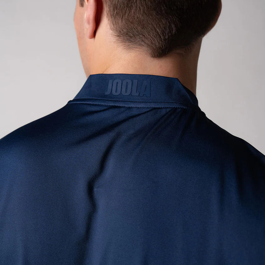Joola Men's Court Polo in navy heather – Halfback view, stylish athletic polo shirt, quick-dry fabric for comfort & movement