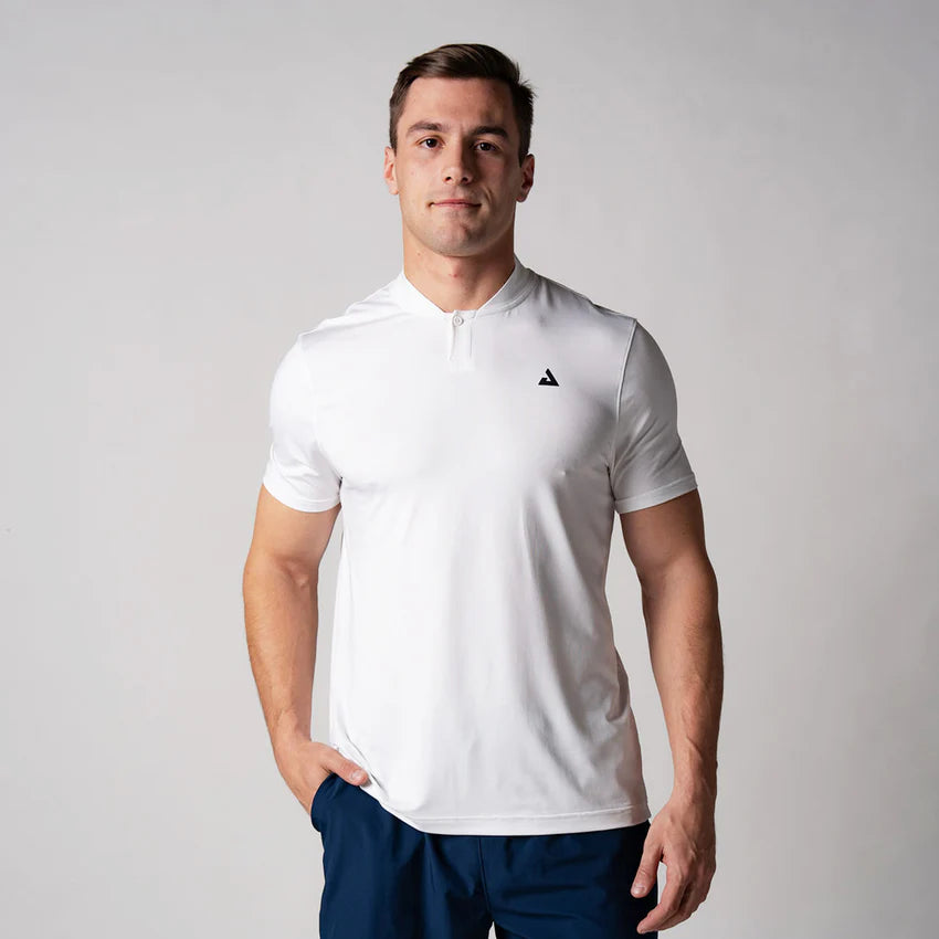 Joola Men's Court Polo in white – Front view, premium-quality sports polo for men, breathable fabric for all-day wear