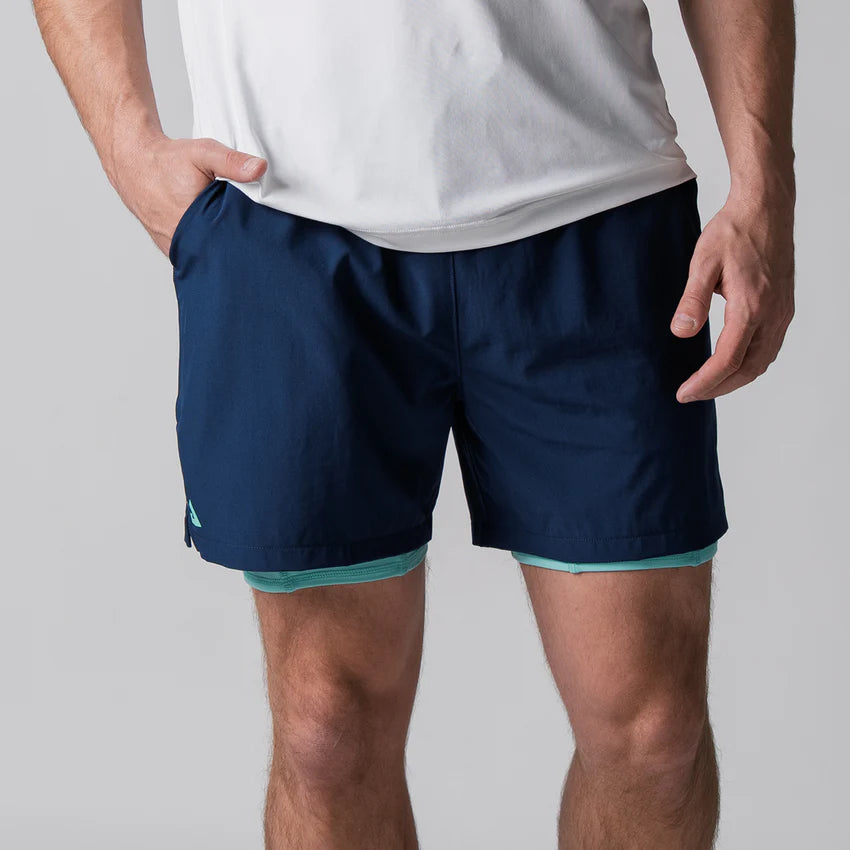 Joola Men's Woven 2-in-1 Shorts in navy – Front view, breathable athletic shorts with inner compression liner for enhanced comfort and support