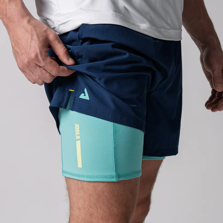 Joola Men's Woven 2-in-1 Shorts in navy – Side view, lightweight 2-in-1 workout shorts for men with built-in liner for extra mobility and sweat control