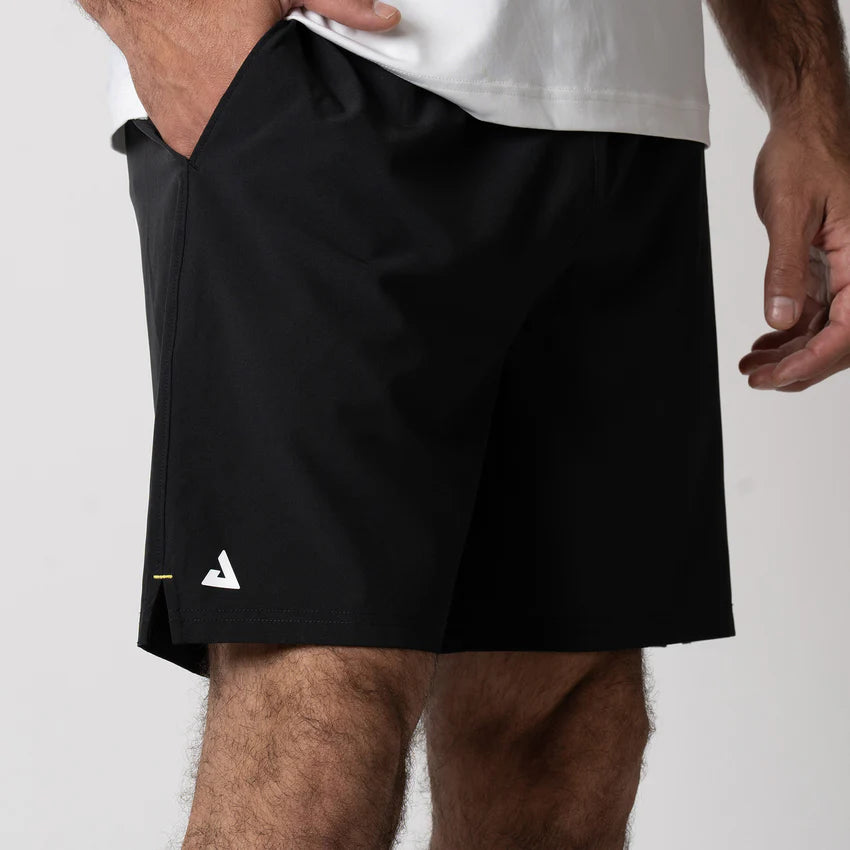 Joola Men's Woven Shorts 7-inch in black – Side view, high-performance shorts for men, suitable for running, gym, and court sports