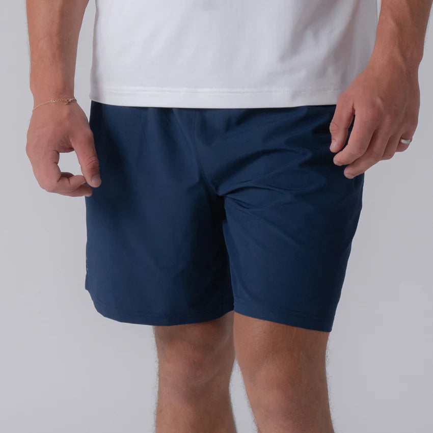 Joola Men's Woven Shorts 7-inch in navy – Front view, premium sportswear shorts designed for mobility, comfort, and court performance